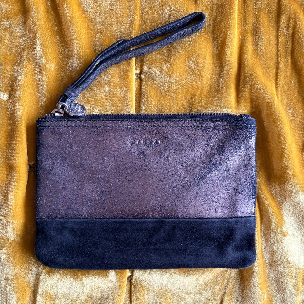 Jigsaw Metallic Pewter and Black Suede Leather Wristlet Zipper Pouch